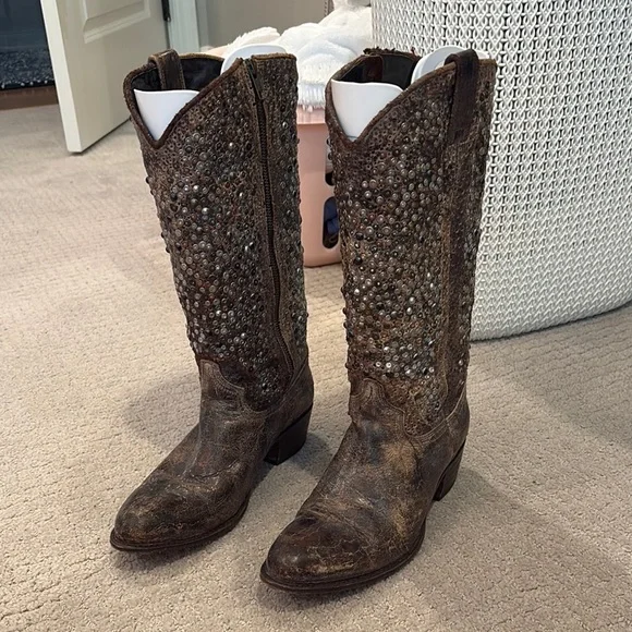 Brown Studded Women's Cowboy Boots - Picture 2 of 2